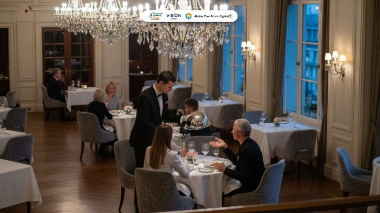 Butler hotel profesional sedang memberikan pelayanan personal kepada tamu hotel mewah