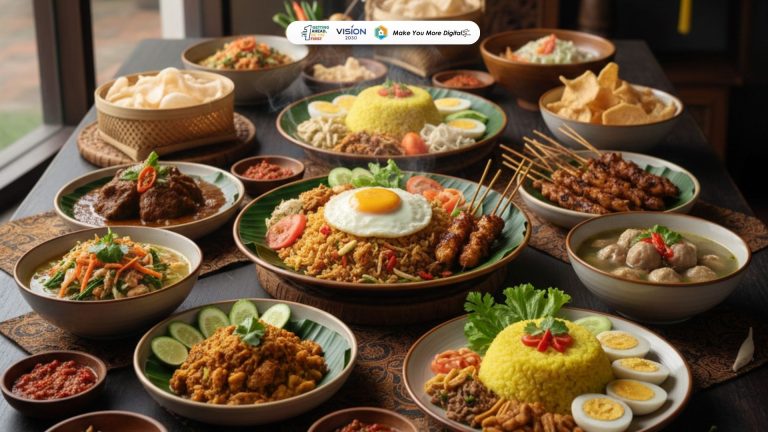 Aneka makanan khas Indonesia seperti rendang, nasi goreng, sate, dan gado-gado yang dikenal dunia