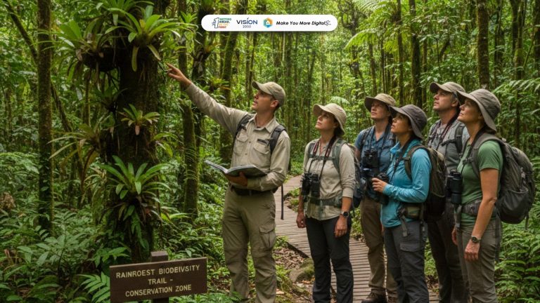 Pemandu ekowisata menjelaskan keanekaragaman hayati kepada wisatawan di kawasan konservasi alam