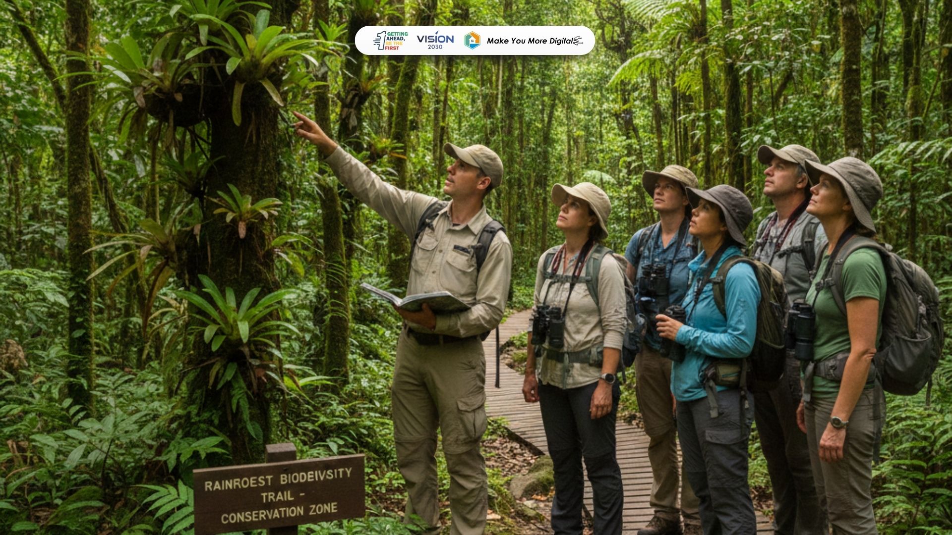 Pemandu ekowisata menjelaskan keanekaragaman hayati kepada wisatawan di kawasan konservasi alam