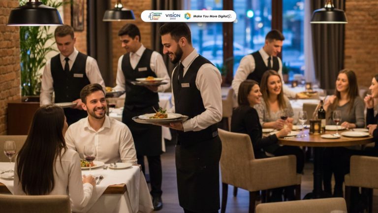 waiter profesional melayani pelanggan di restoran dengan ramah dan percaya diri