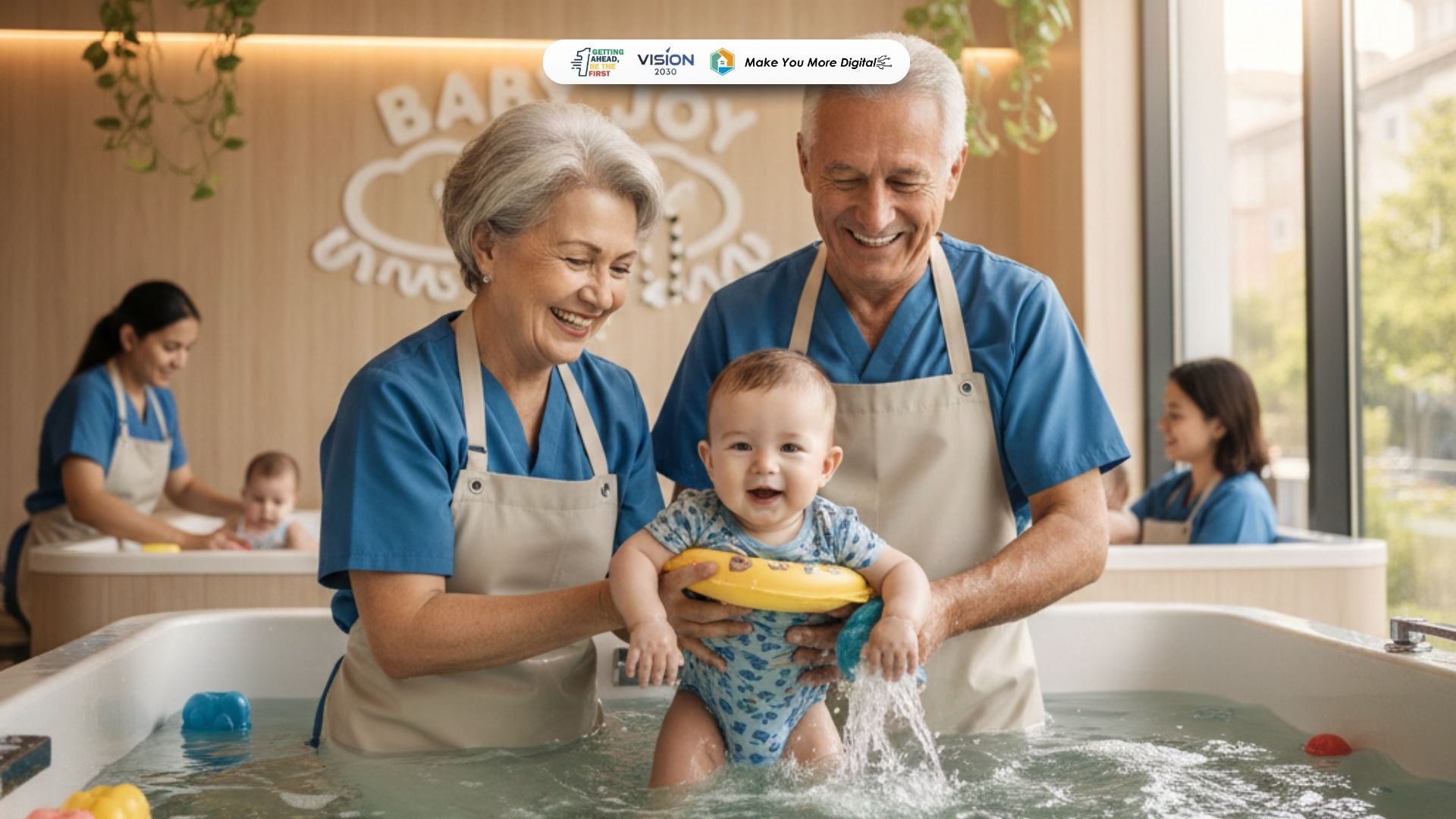 Orangtua mendampingi bayi dalam sesi baby spa untuk membangun koneksi emosional dan stimulasi tumbuh kembang
