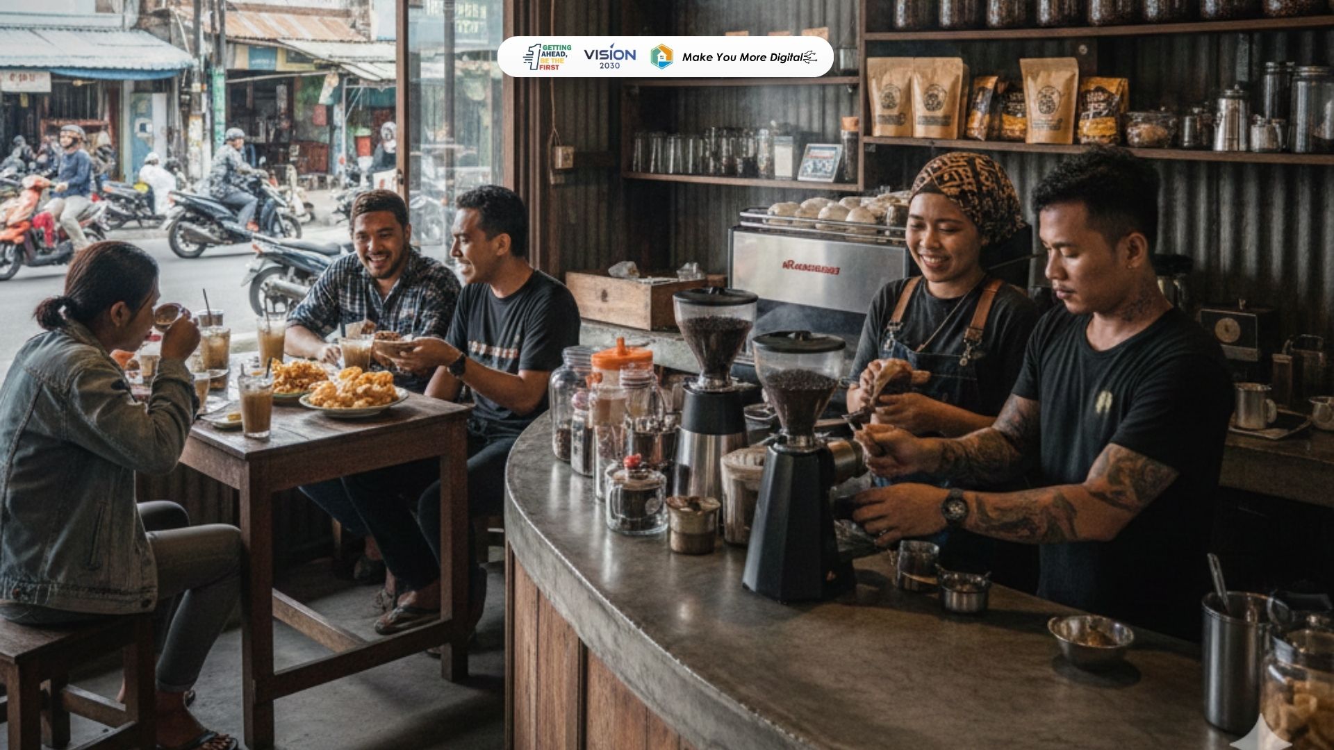 Barista profesional sedang meracik kopi dengan penuh konsentrasi di coffee shop