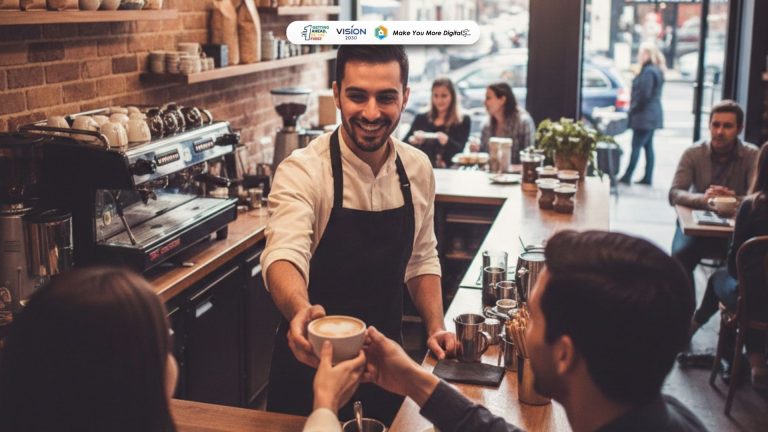 barista menyajikan kopi dengan pelayanan ramah dan profesional
