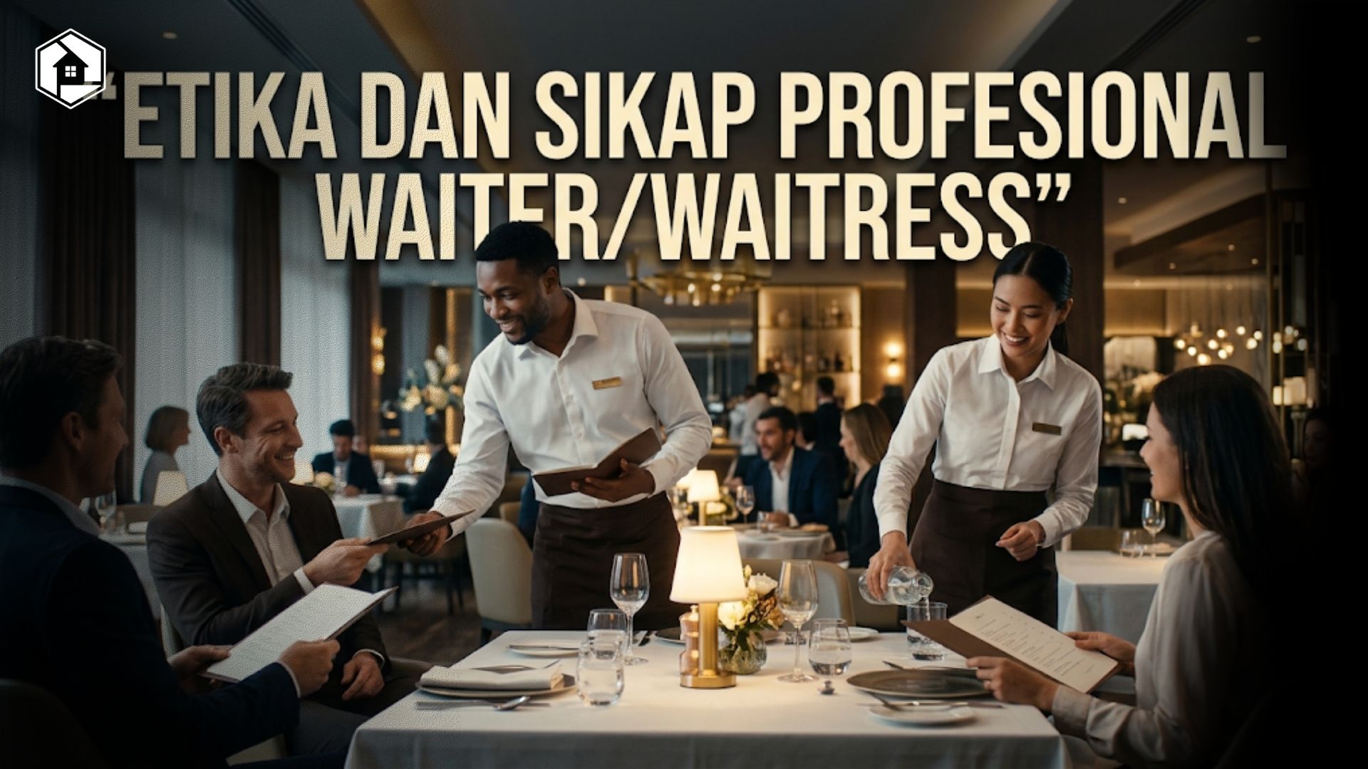 Waiter dan waitress profesional memberikan pelayanan ramah kepada pelanggan restoran modern