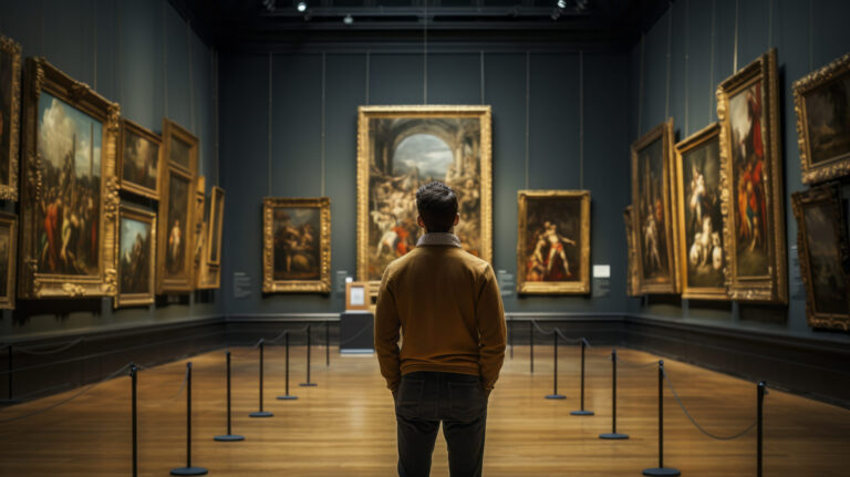 Back of an adult person looking at renaissance style paintings in an old museum art gallery