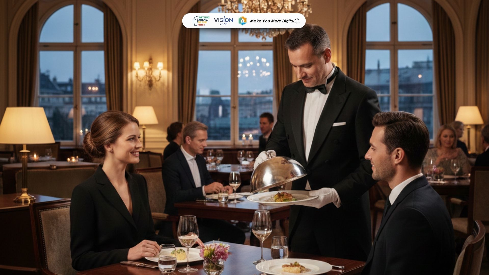 Butler profesional sedang memberikan layanan eksklusif kepada tamu hotel berbintang