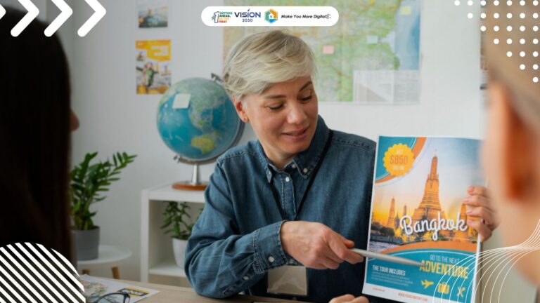 Ilustrasi seorang manajer travel agent yang kebingungan melihat tumpukan dokumen dan laptop
