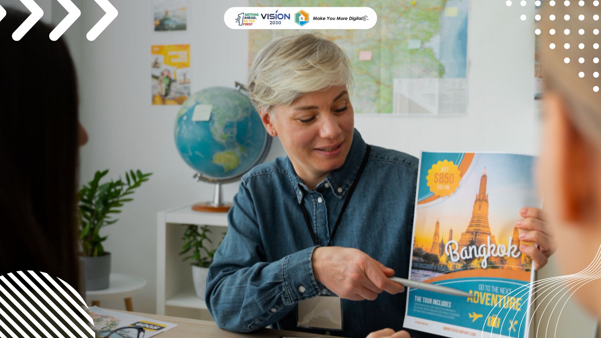 Ilustrasi seorang manajer travel agent yang kebingungan melihat tumpukan dokumen dan laptop
