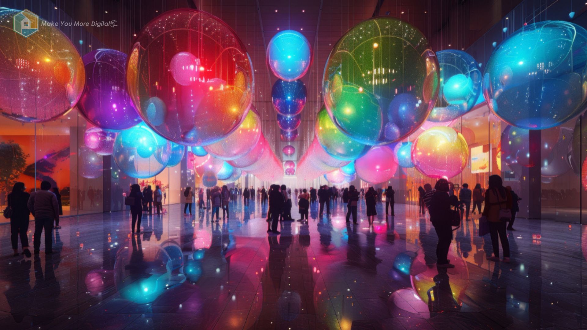 Suasana event kreatif 2025 dengan konsep immersive yang penuh warna dan teknologi digital