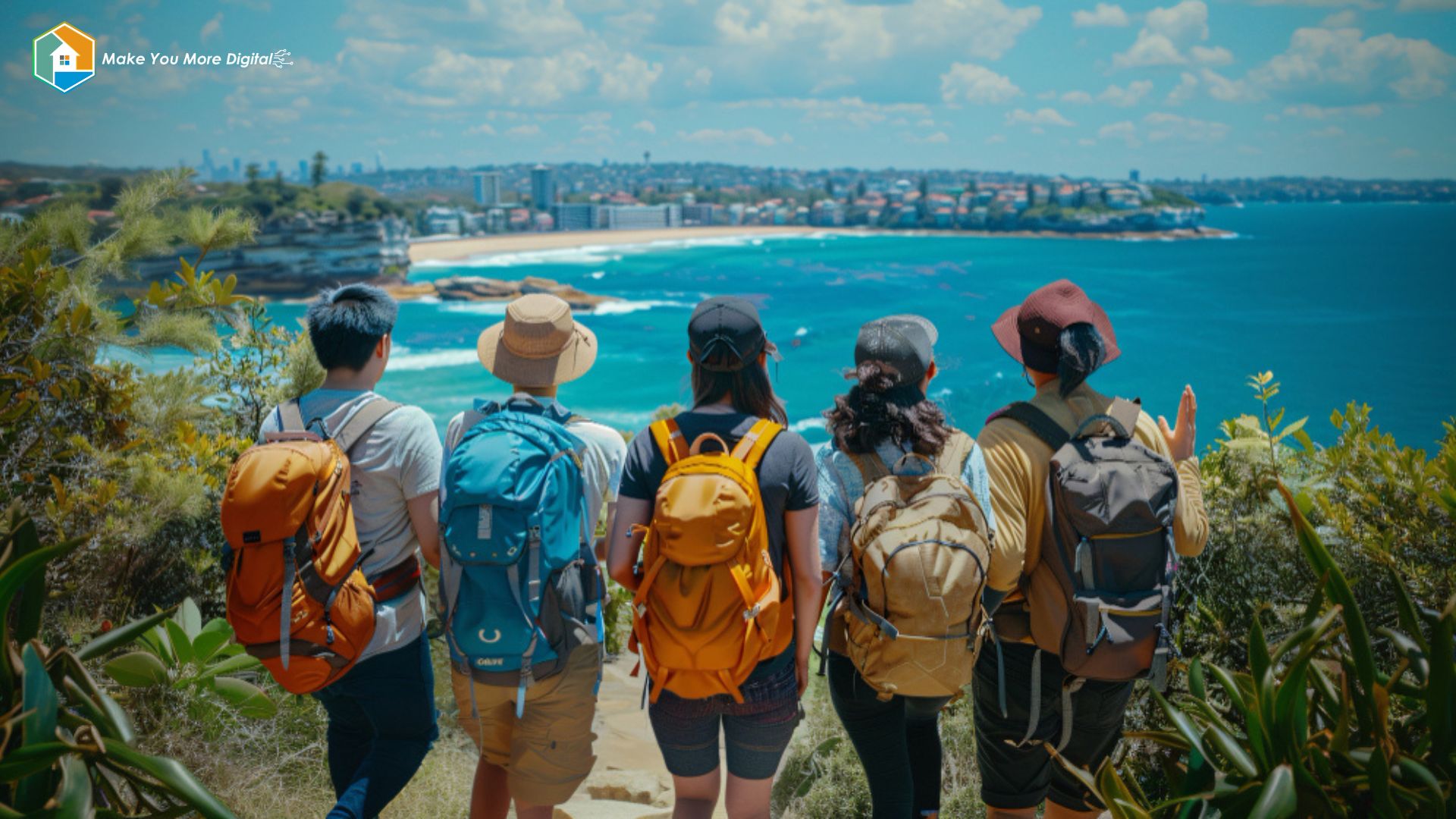 Pemandangan destinasi wisata hijau dengan teknologi digital, wisatawan melakukan yoga di alam terbuka, serta pekerja digital nomad di kafe ramah lingkungan.