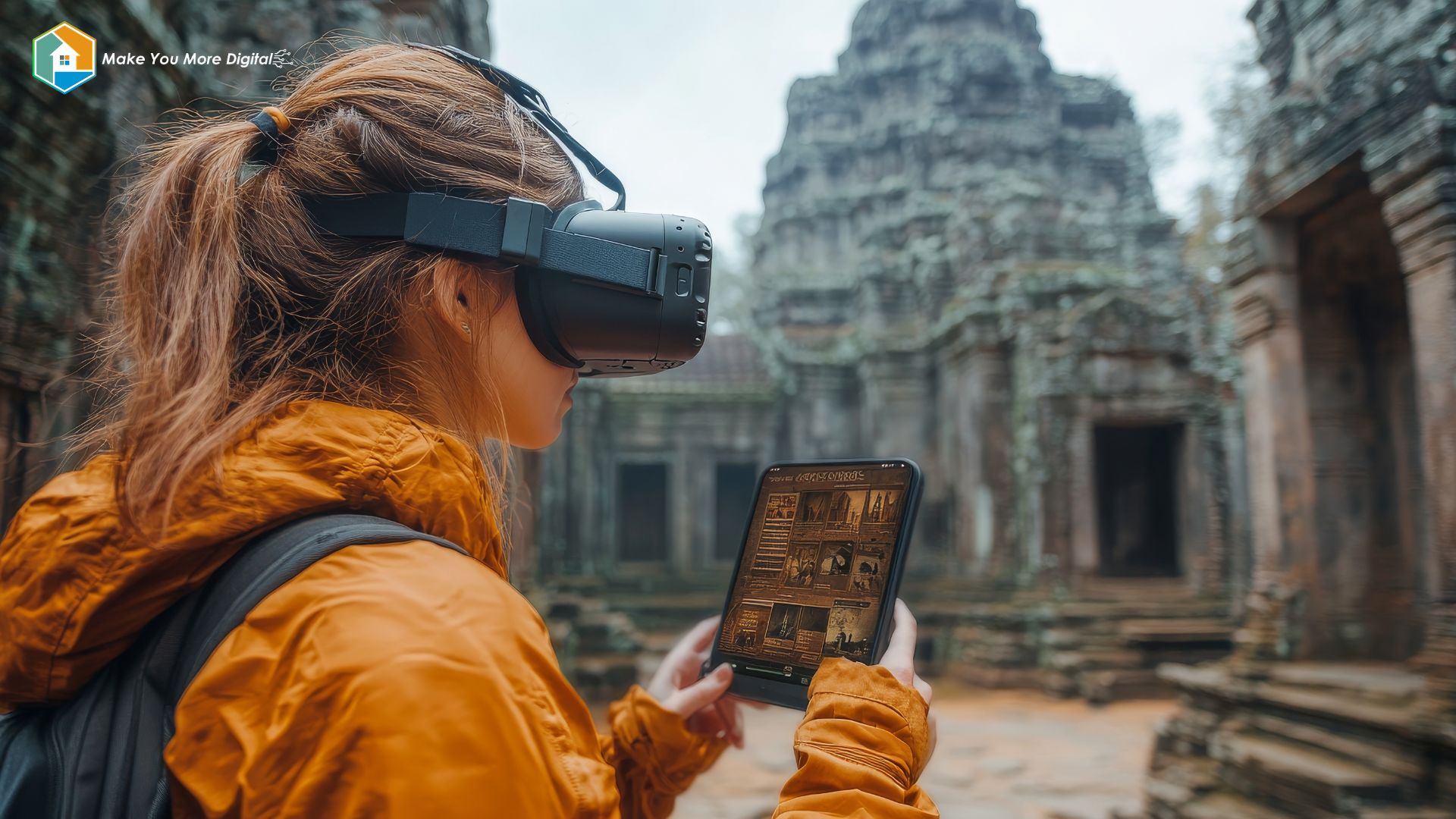 teknologi AI dalam pariwisata 2025 dengan chatbot, peta digital, dan wisatawan yang menggunakan perangkat pintar