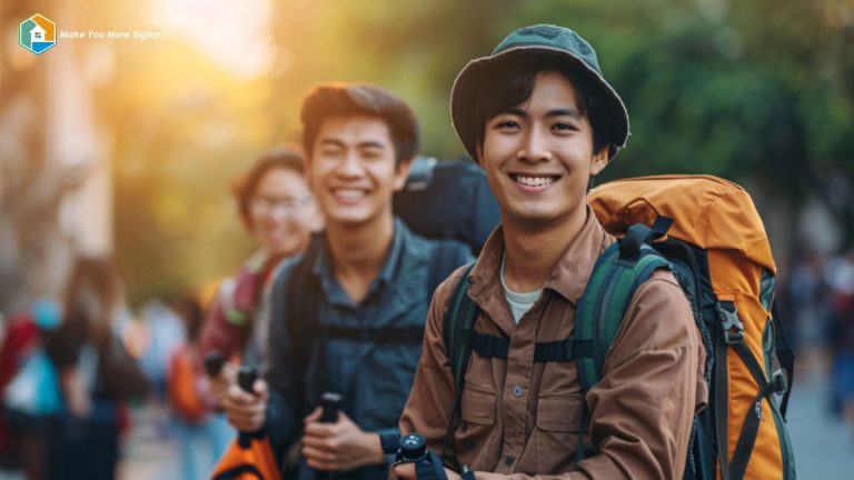 Seorang tour leader profesional memandu rombongan wisata dengan percaya diri dan senyum ramah