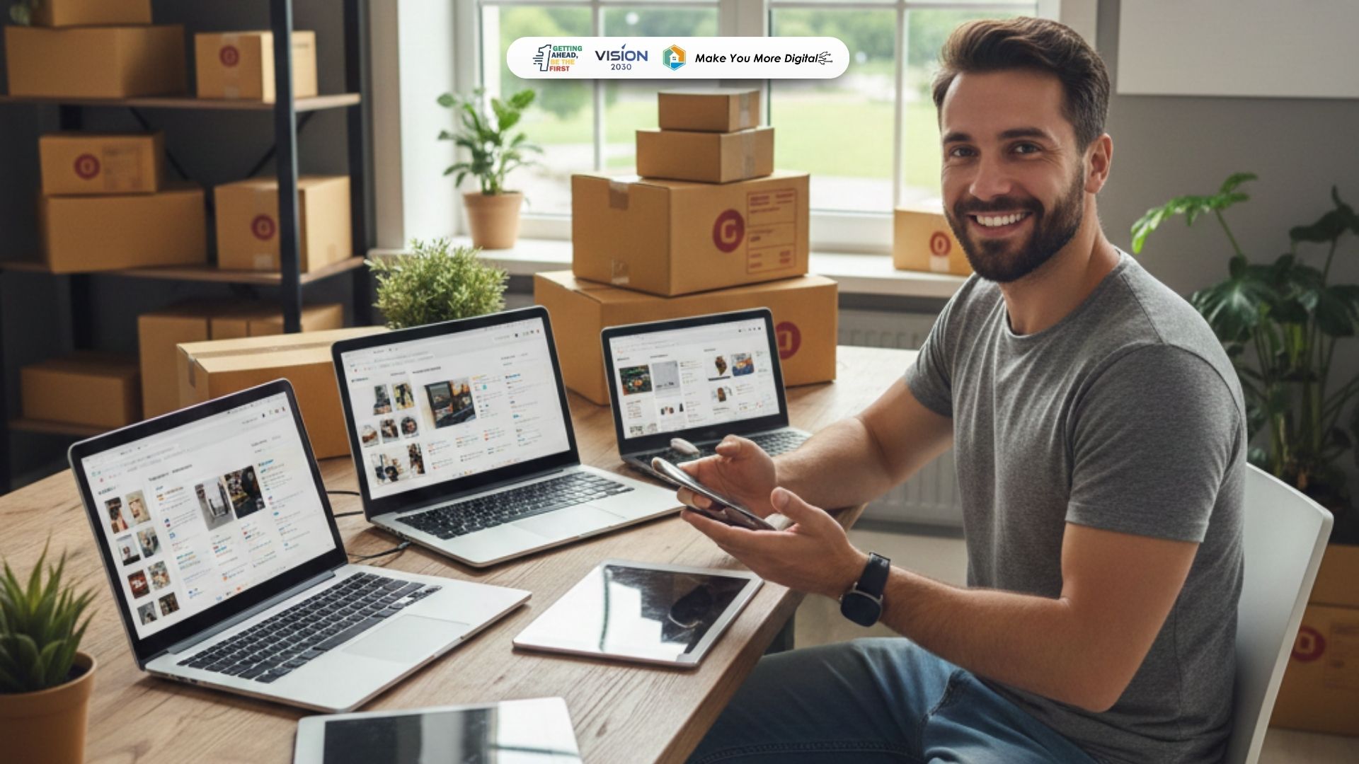 orang sedang merencanakan dan memulai bisnis online menggunakan laptop dan elemen digital marketing