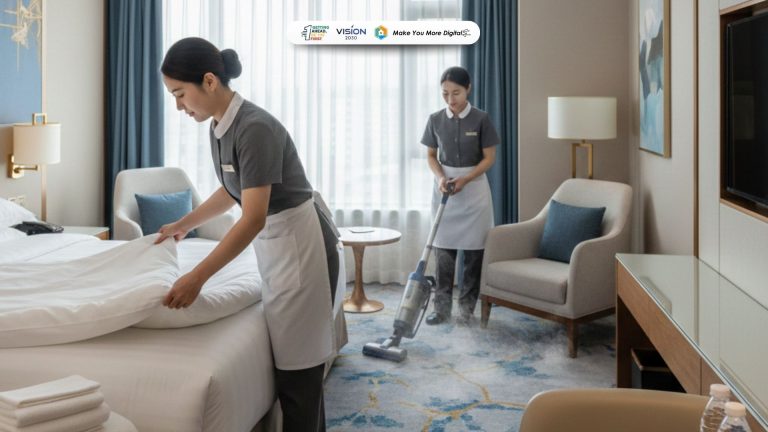 Profesional muda sedang bekerja di hotel dan industri pariwisata