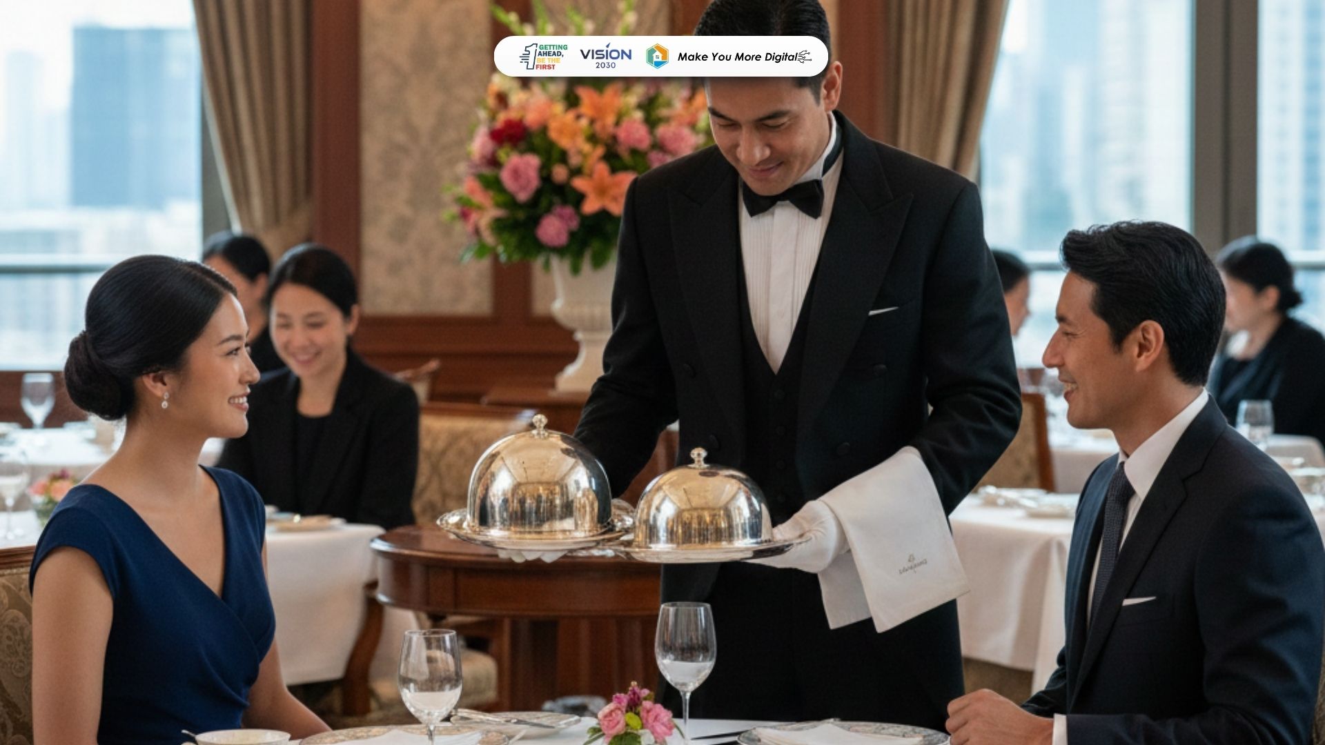 Butler profesional melayani tamu hotel premium dengan standar layanan hospitality kelas atas