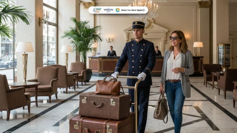 bellboy hotel membantu tamu membawa koper di area lobby hotel