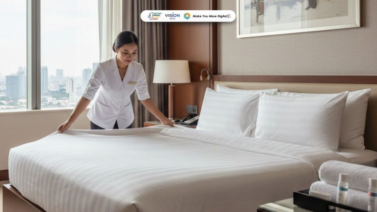 Room attendant hotel sedang merapikan tempat tidur kamar tamu dengan standar profesional