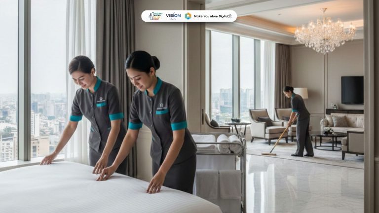 Tim housekeeping sedang membersihkan kamar hotel dan area publik profesional.