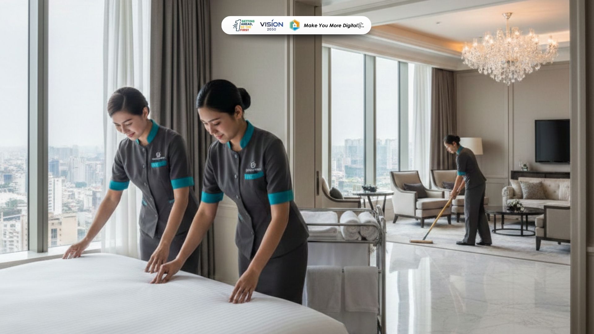 Tim housekeeping sedang membersihkan kamar hotel dan area publik profesional.