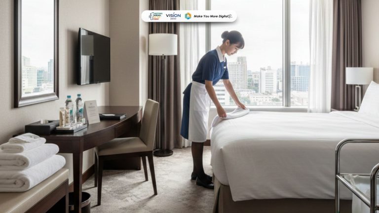 room attendant hotel sedang menata kamar tamu dengan rapi dan bersih