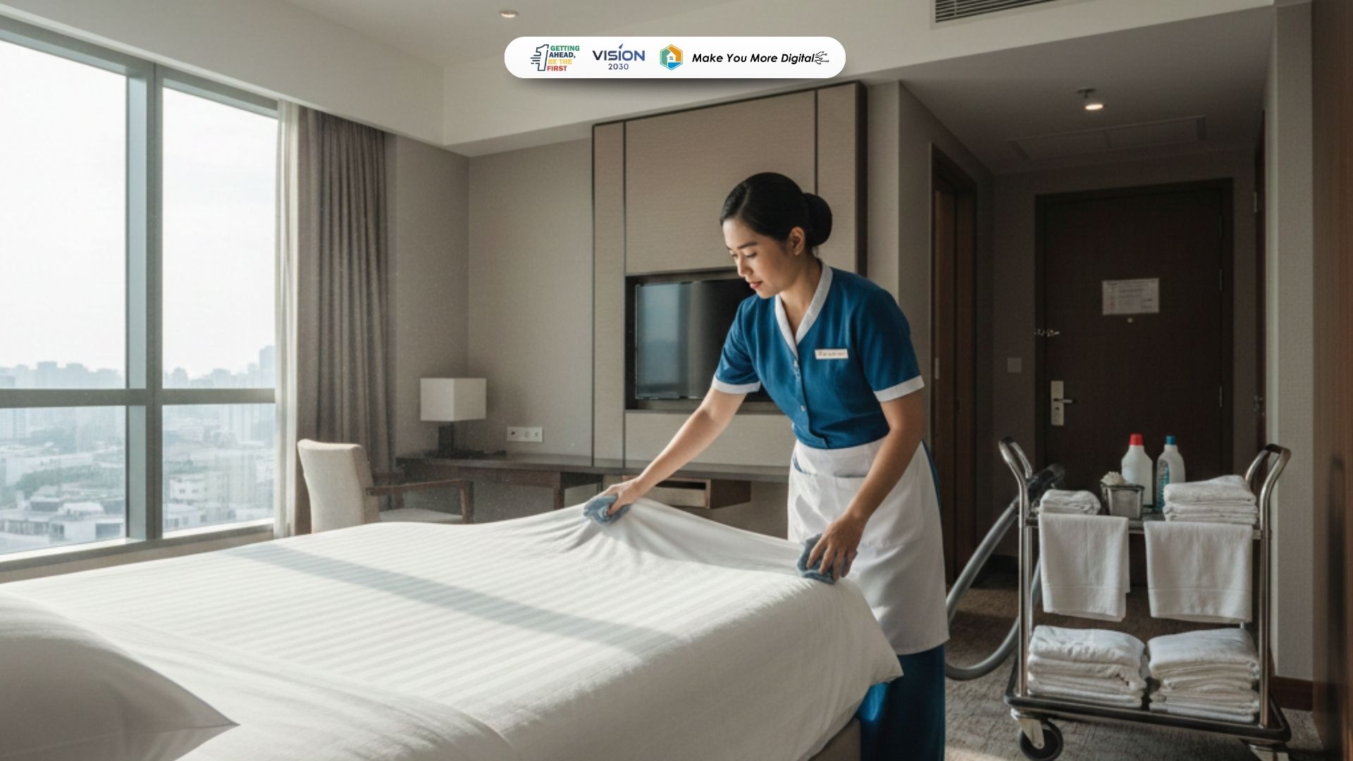 room attendant hotel membersihkan kamar tamu sesuai standar operasional hotel