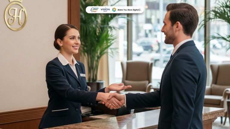resepsionis hotel menyambut tamu dengan ramah di area front office hotel