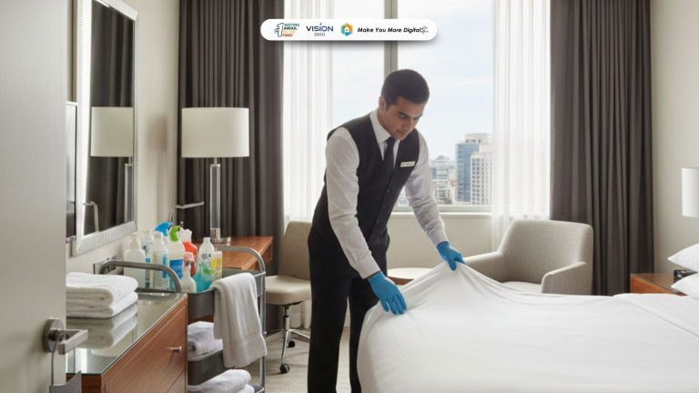 Tim room attendant hotel sedang melakukan pembersihan kamar dengan standar profesional.