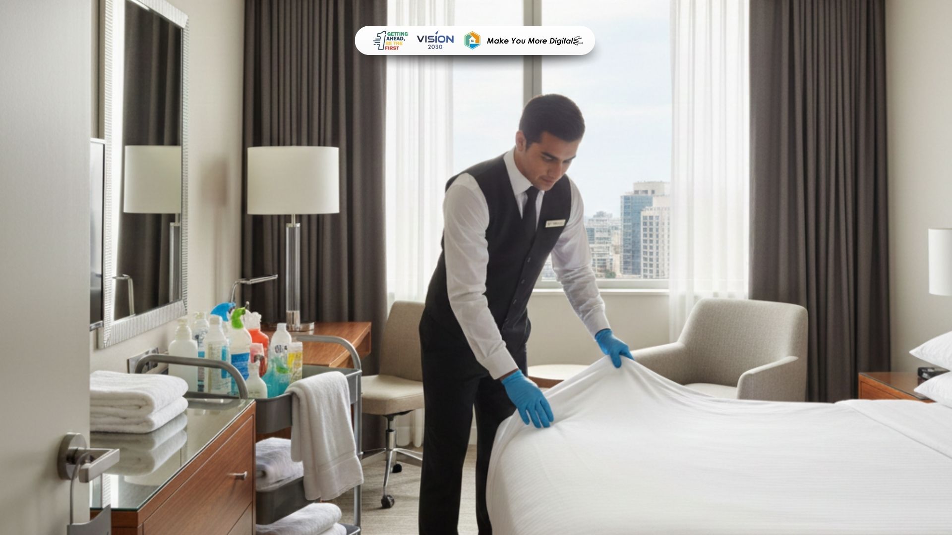 Tim room attendant hotel sedang melakukan pembersihan kamar dengan standar profesional.