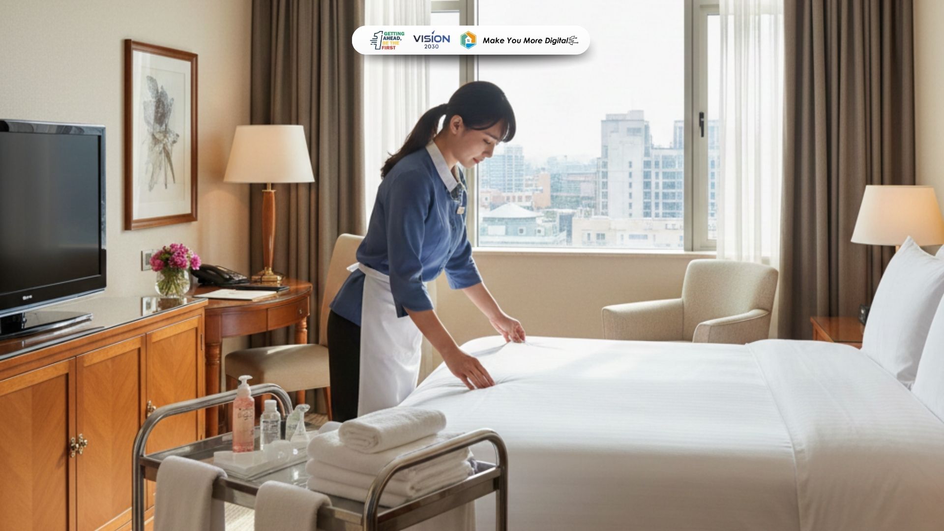 Room attendant hotel sedang membersihkan kamar tamu