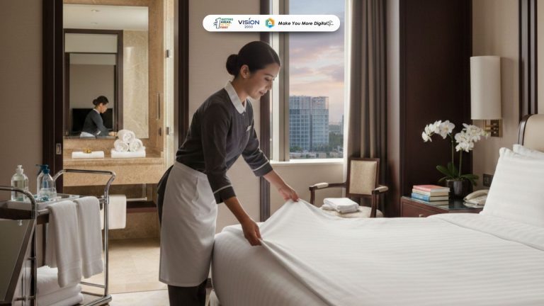 room attendant merapikan kamar hotel