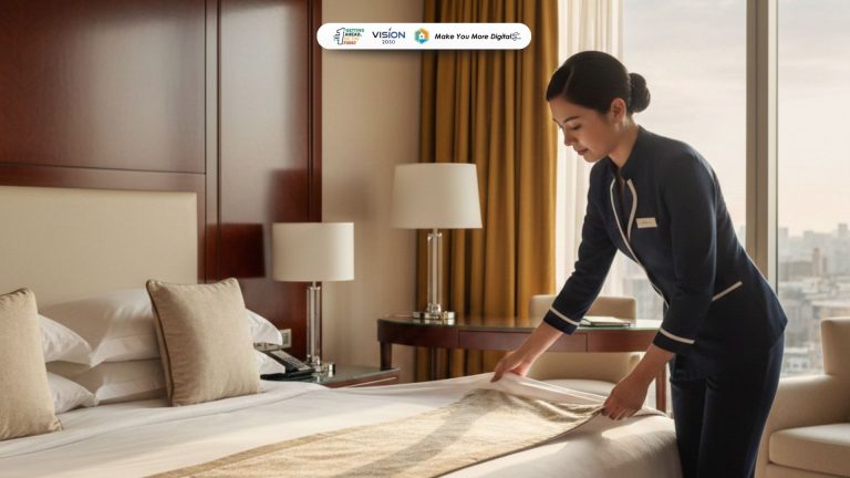 Seorang room attendant profesional sedang merapikan tempat tidur sesuai standar hotel bintang 5