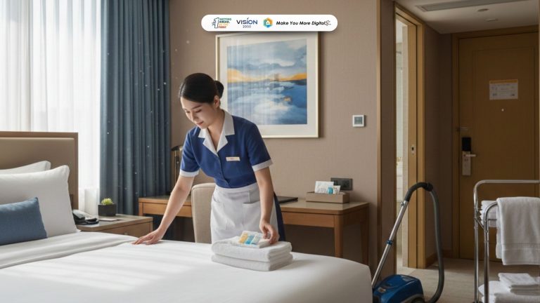 Room attendant hotel sedang membersihkan kamar tamu sesuai standar housekeeping profesional