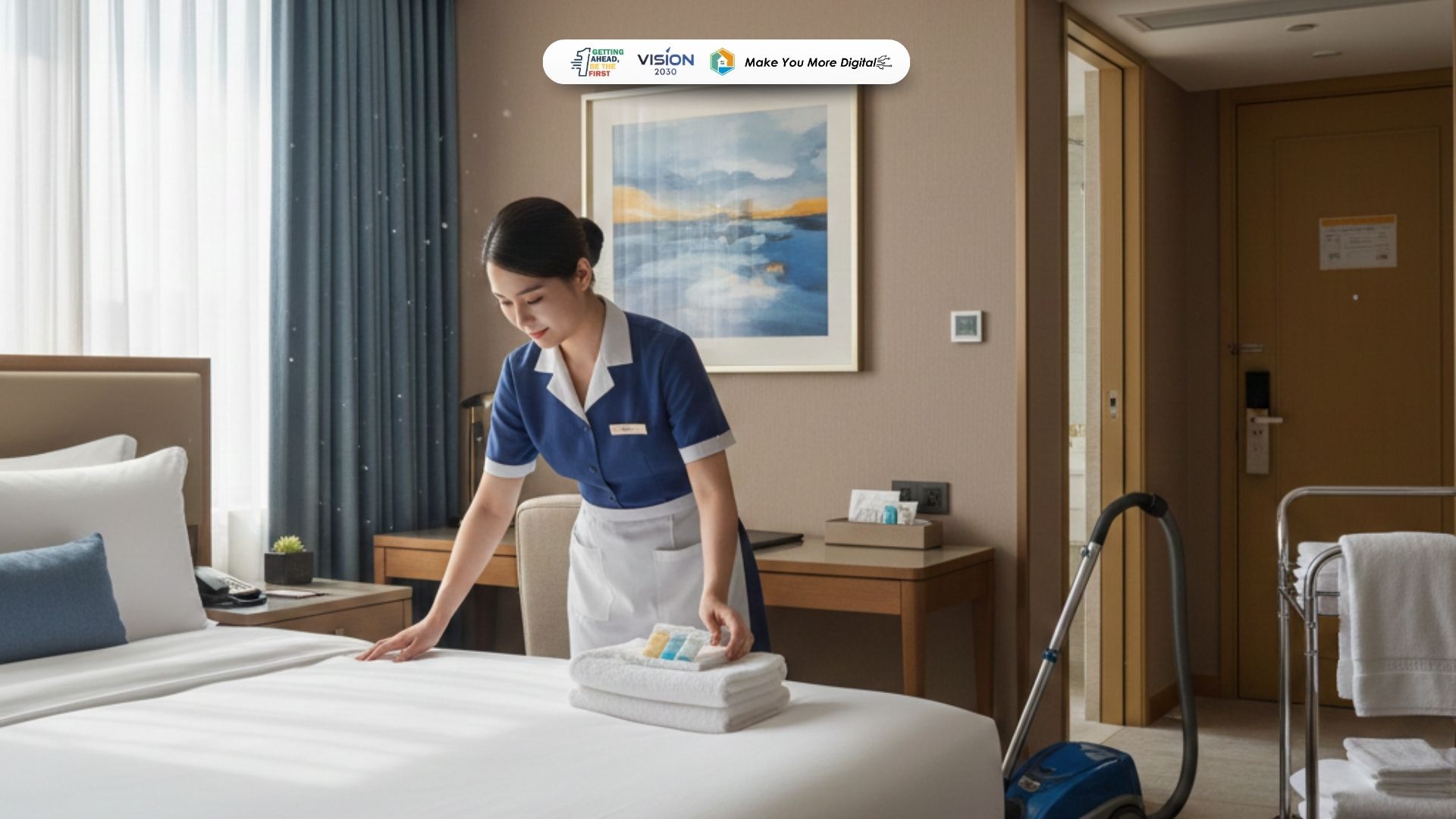 Room attendant hotel sedang membersihkan kamar tamu sesuai standar housekeeping profesional