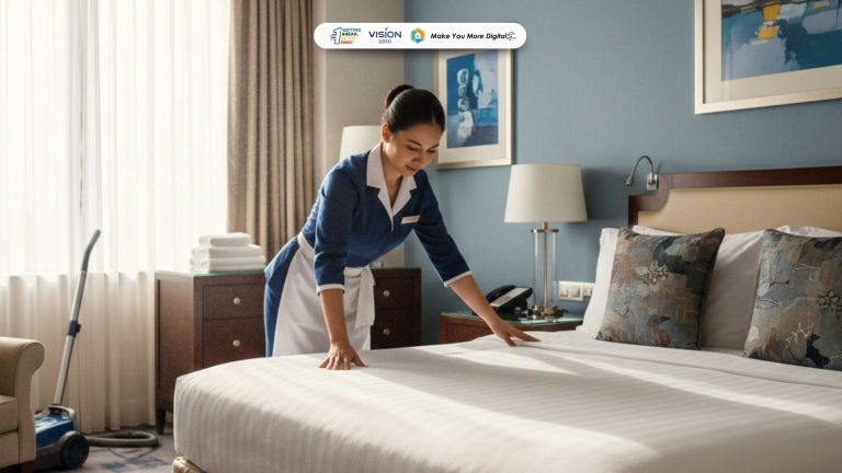 room attendant hotel sedang merapikan tempat tidur kamar hotel dengan rapi dan profesional