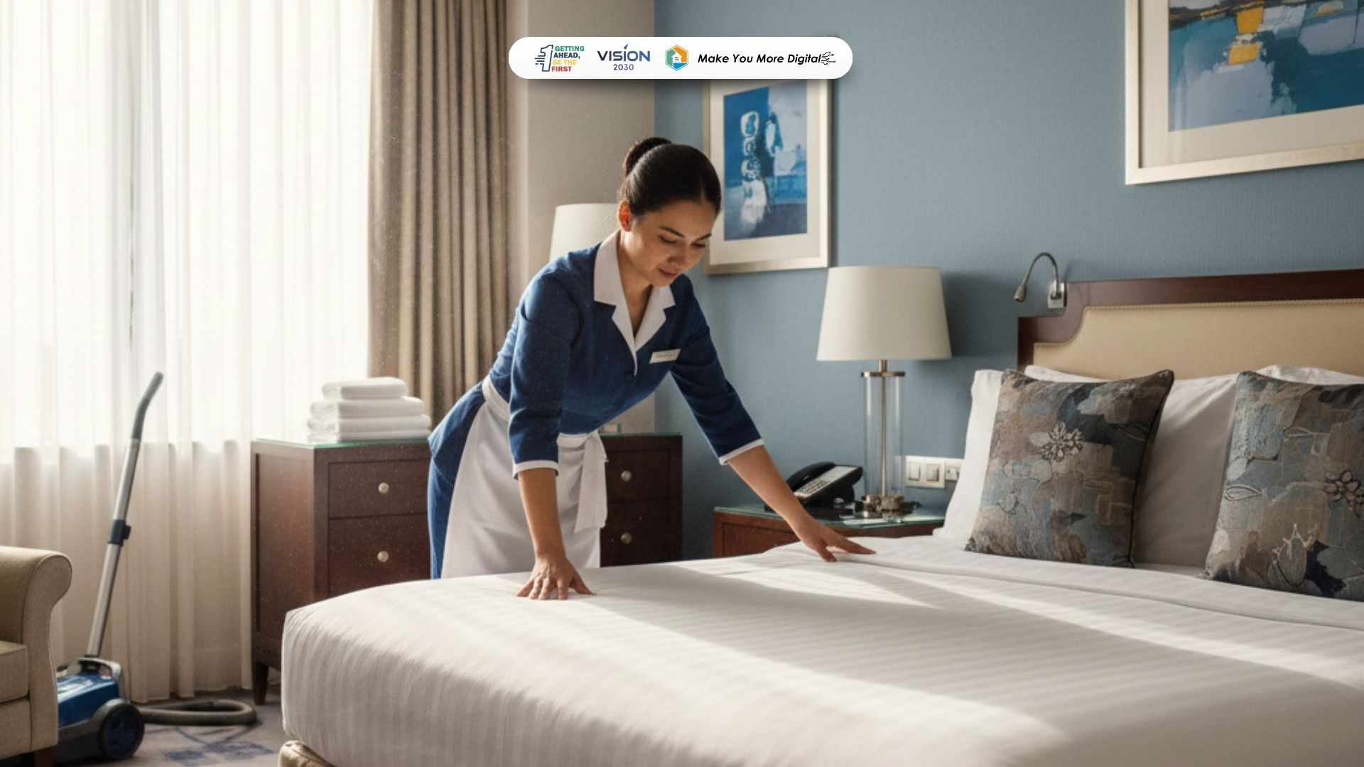 room attendant hotel sedang merapikan tempat tidur kamar hotel dengan rapi dan profesional