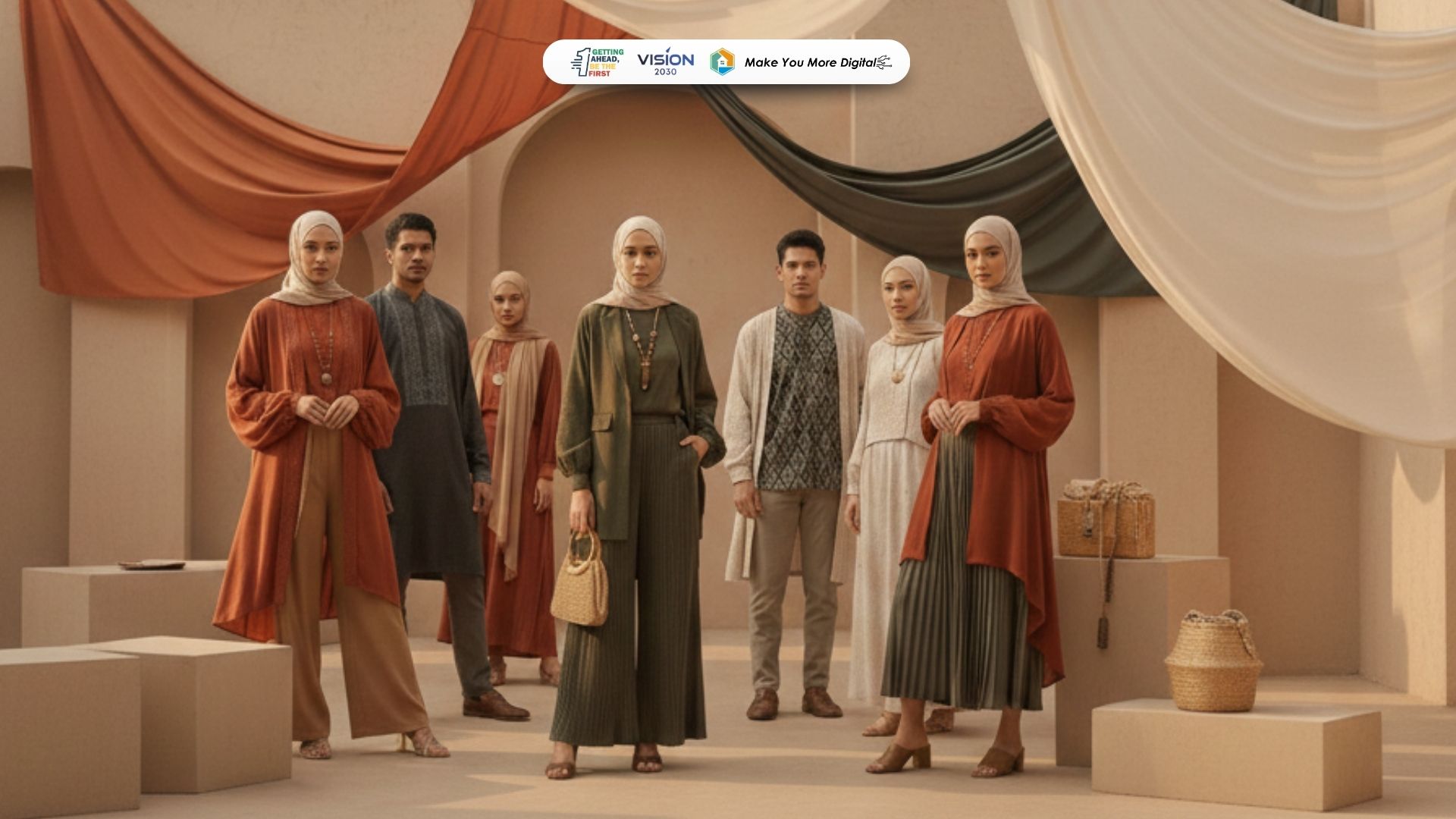 Model mengenakan gamis modern minimalis berwarna earth tone untuk tren baju lebaran 2026.