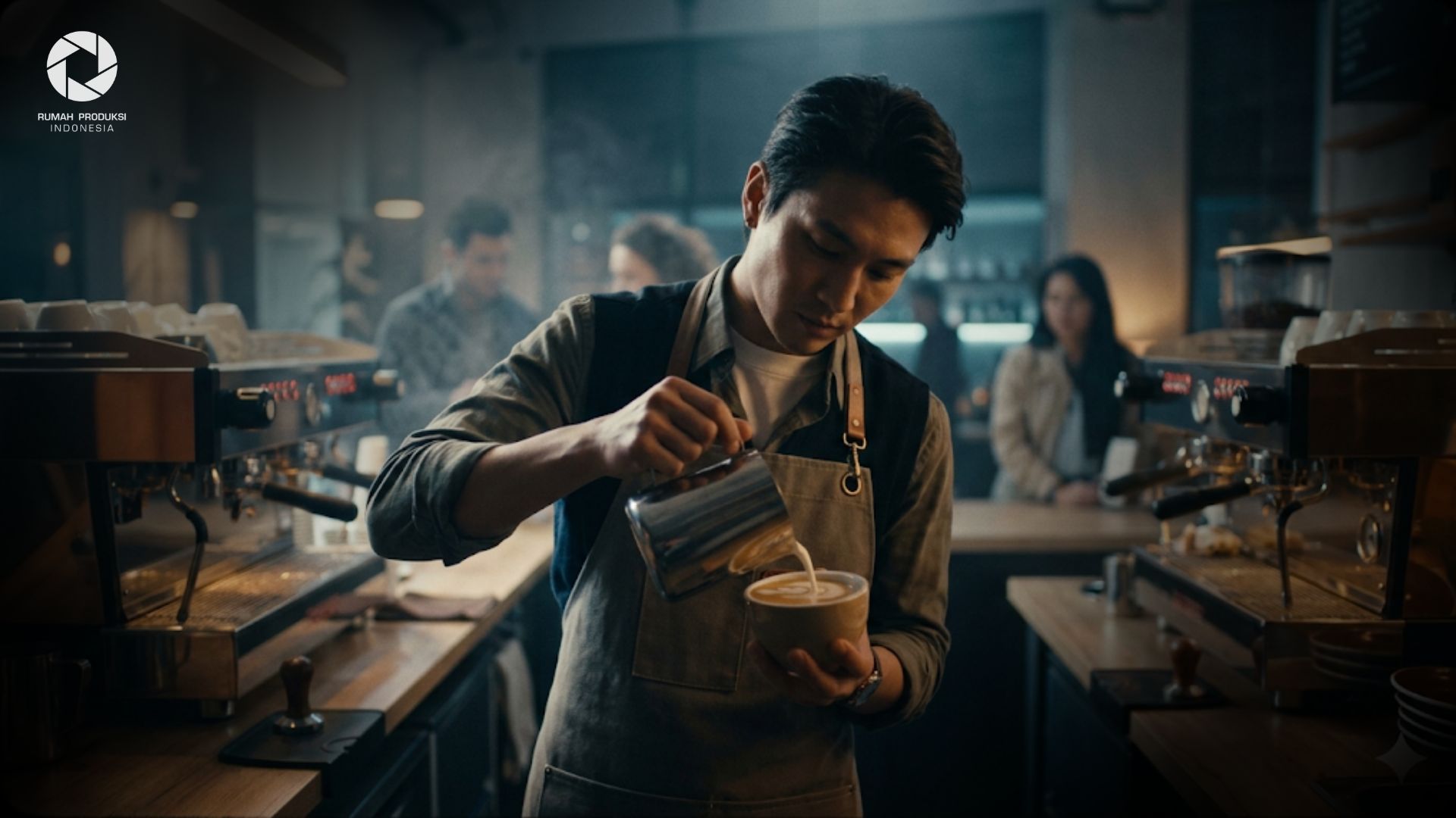 barista profesional sedang membuat latte art di coffee shop modern