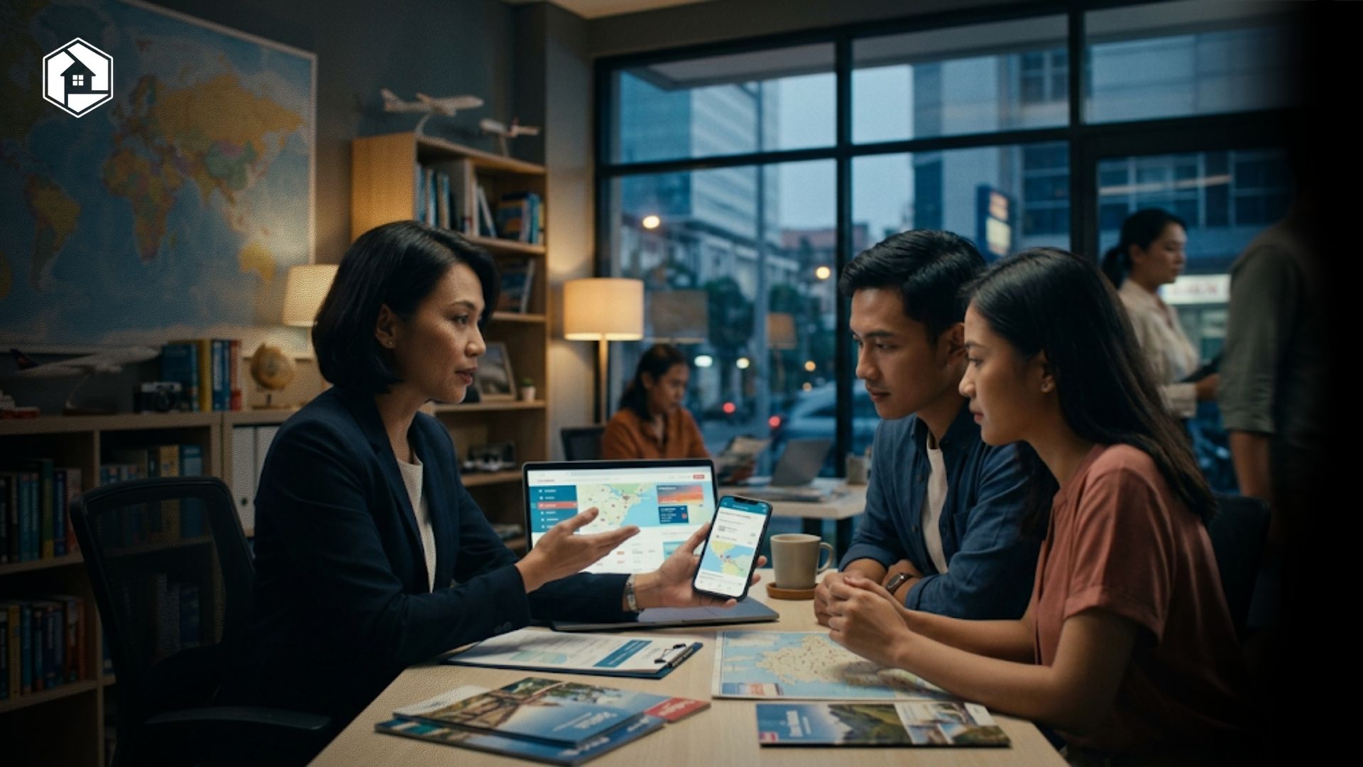 seorang konsultan agen travel sedang berdiskusi dengan wisatawan menggunakan laptop dan smartphone.