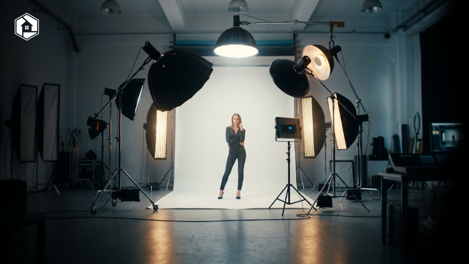 Studio foto profesional dengan lighting lengkap dan backdrop untuk pemotretan komersial