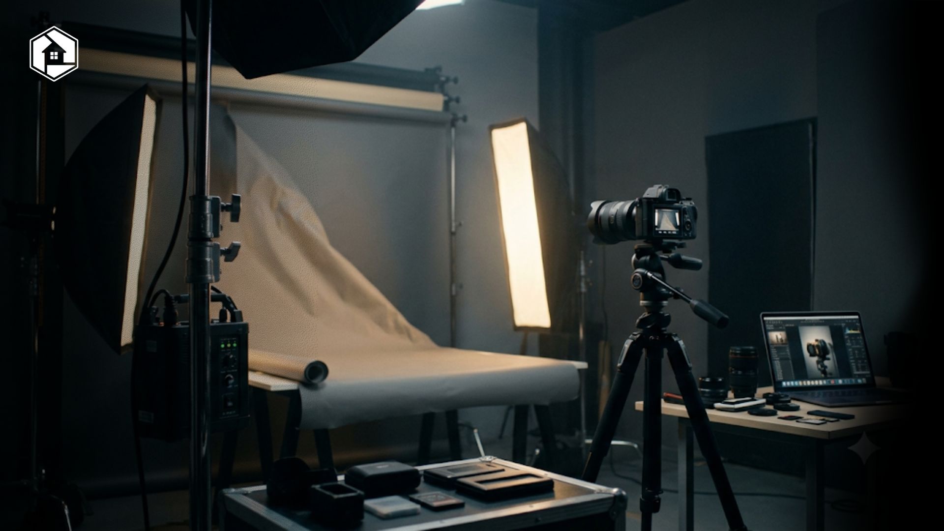Modal usaha studio foto dengan kamera profesional, lighting studio, backdrop, dan perlengkapan fotografi modern untuk bisnis fotografi.