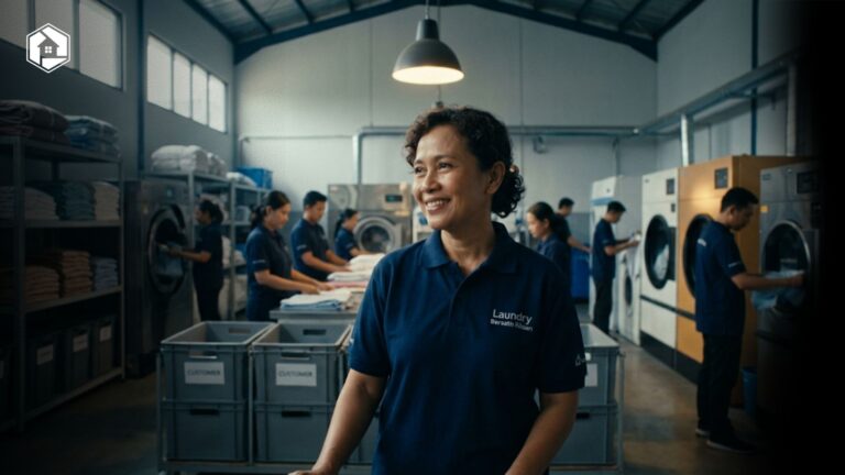 pemilik laundry kiloan yang berhasil mengembangkan bisnis menjadi beberapa cabang dengan tim profesional dan pelanggan yang terus bertambah.