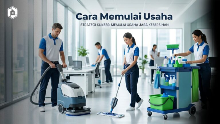 Tim usaha jasa kebersihan profesional sedang membersihkan gedung perkantoran dengan peralatan modern