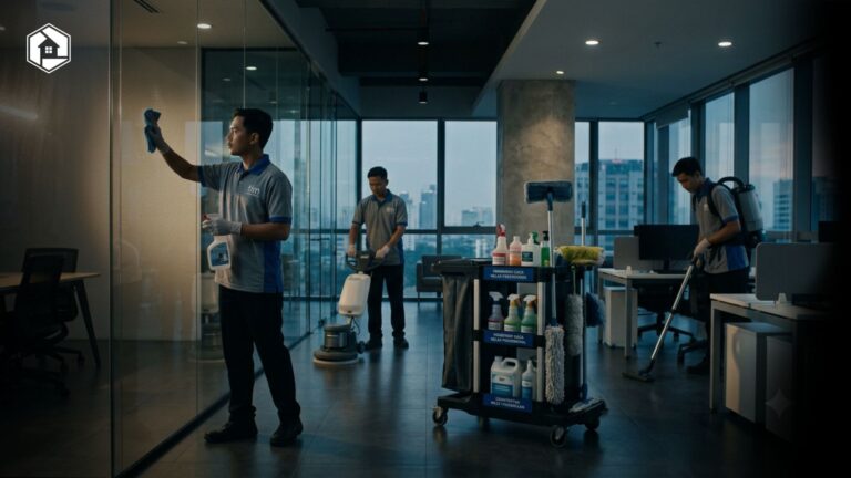 tim cleaning service profesional sedang membersihkan ruangan modern dengan peralatan lengkap