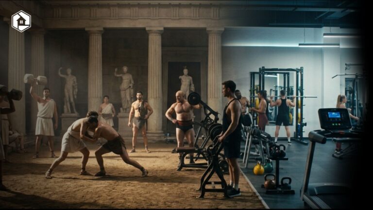 sejarah gym dari era Yunani Kuno hingga pusat kebugaran modern dengan berbagai peralatan fitness.