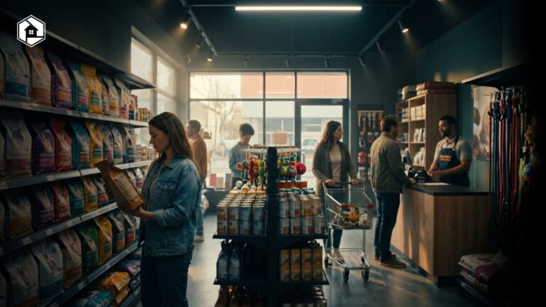 Toko pet shop modern dengan rak perlengkapan hewan peliharaan, makanan kucing dan anjing, serta pelanggan yang sedang berbelanja.