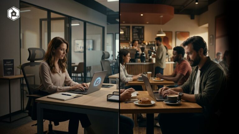 Seseorang membandingkan bekerja di coworking space dan coffee shop untuk meningkatkan produktivitas kerja.
