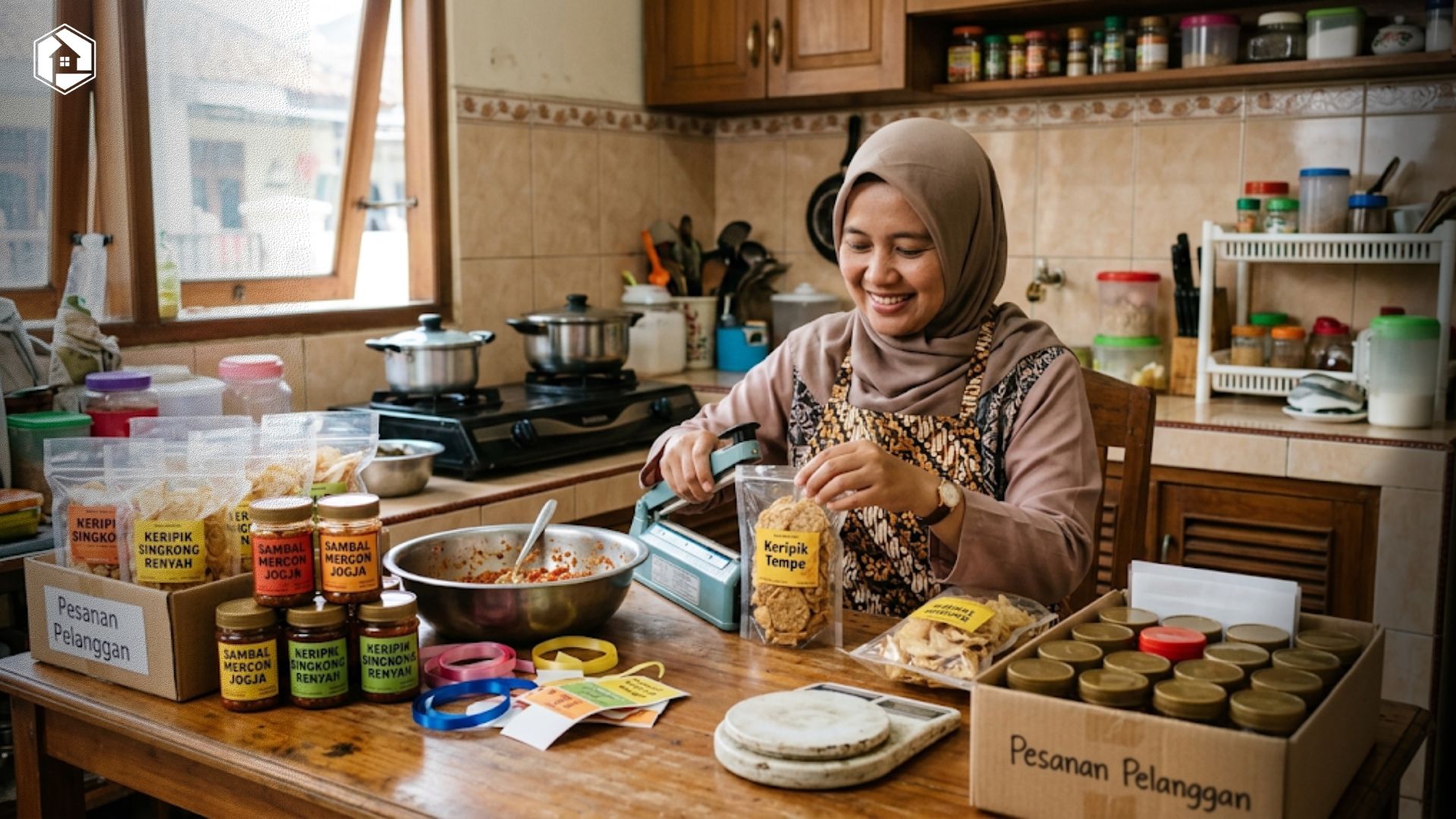Ibu rumah tangga sedang mengemas produk makanan rumahan untuk bisnis sampingan dapur rumah