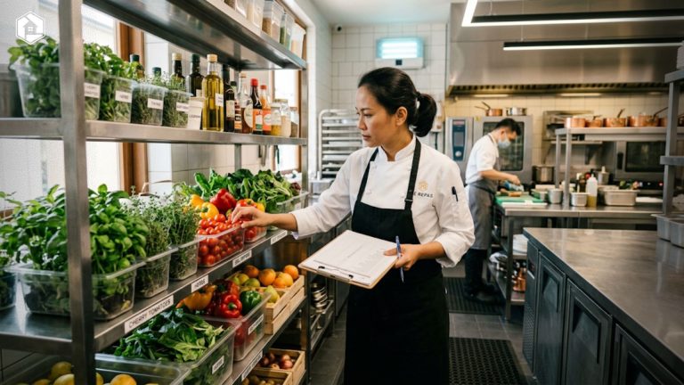 Seorang chef sedang memeriksa stok bahan baku harian di dapur restoran bersih