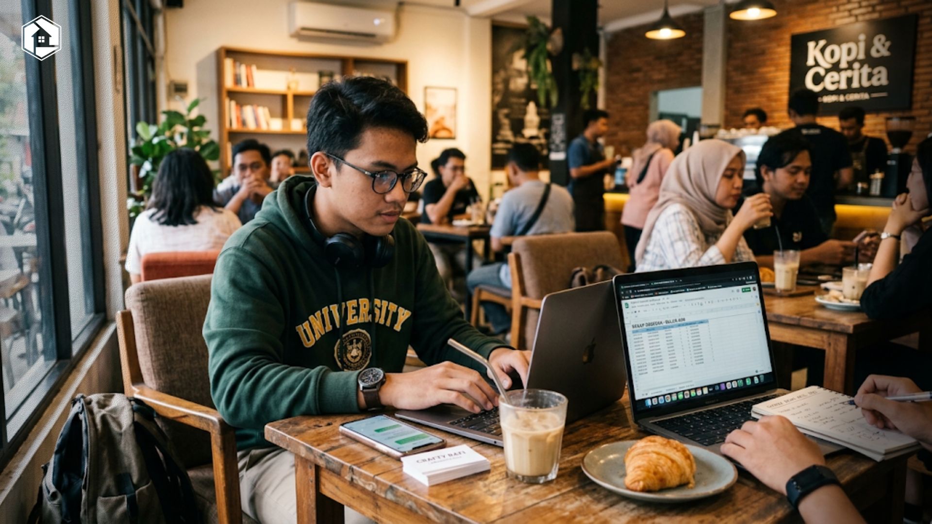 Mahasiswa sedang mengerjakan bisnis sampingan modal kecil menggunakan laptop di kafe